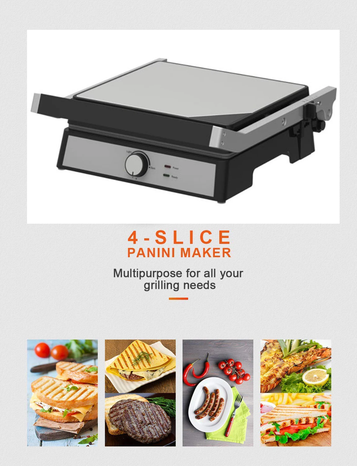 4 Slice Panini Press Bbq Grill Electric,180 Degree Open,Nonstick