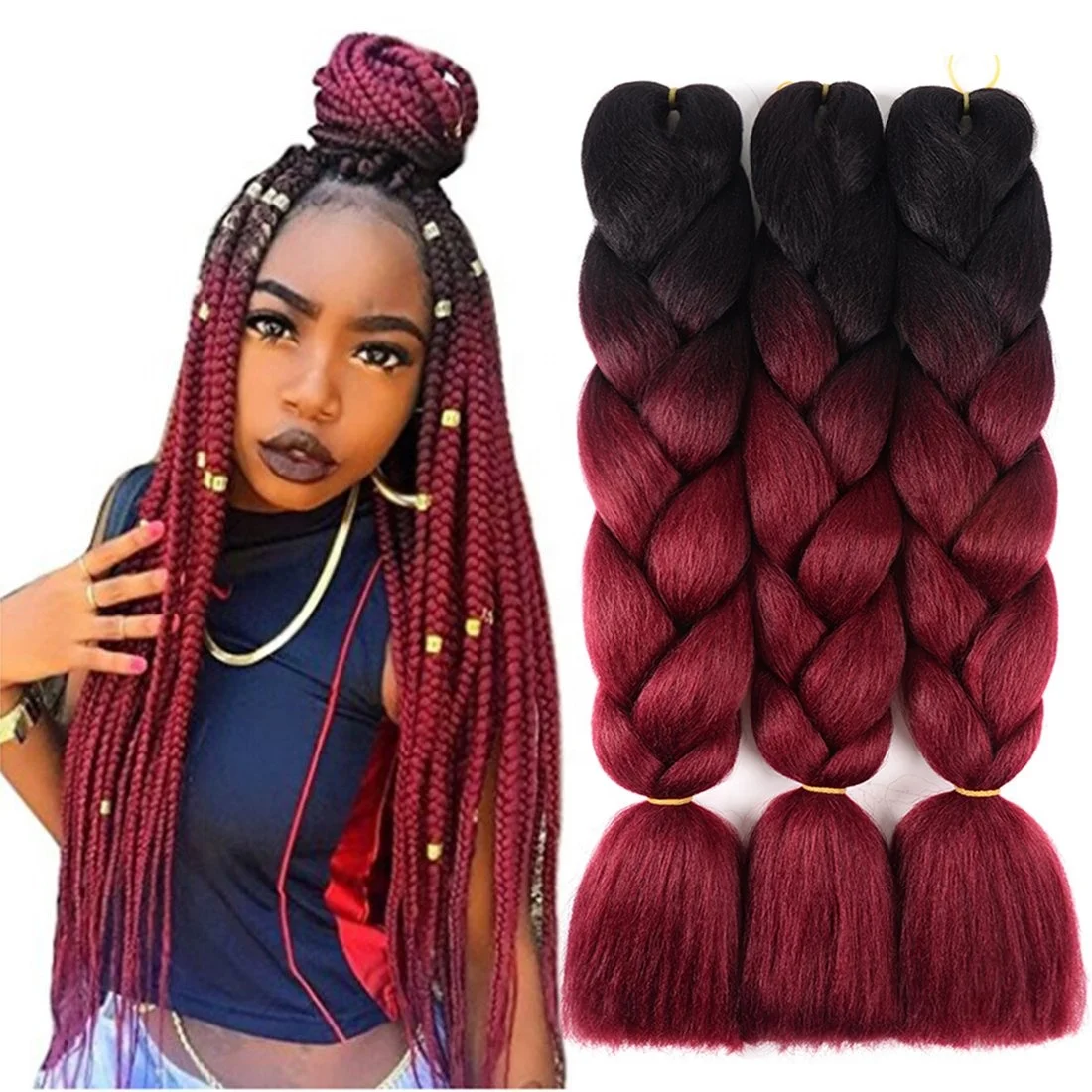 

Factory Price Wholesale Colorful 24inch Braiding Hair Extensions Jumbo Synthetic Hair for Braiding, Per color and ombre color more than 97 colors available