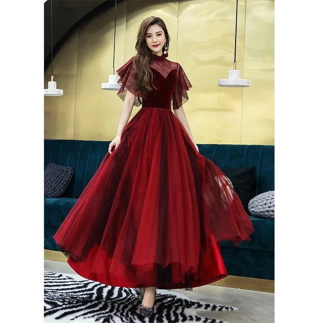 

Wholesale Deep V Neck short Sleeves Red Lace and Satin Ladies Formal Long Fitted Evening Gowns 2019, As shown