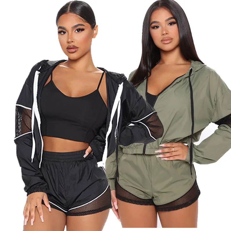 

WW-1036 Shorts Sports Net With Yarn Cardigan Long Sleeve Three-piece Suit Jacket Sweatshirt And Shorts Three Piece Set Women, Customized color