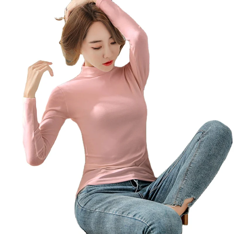 

Autumn and winter half high neck solid color bottoming shirt women's Korean version with long sleeves slim t-shirt top