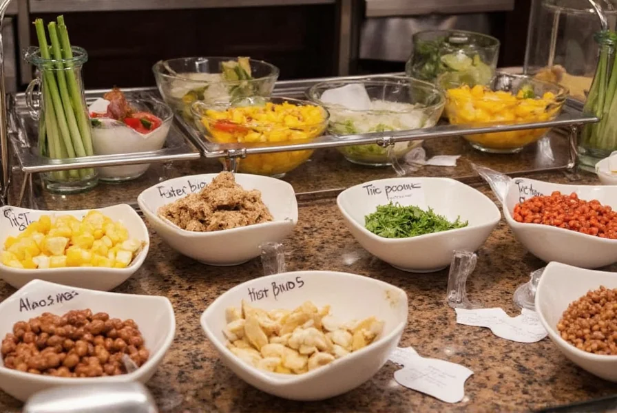 Well-organized chili bar with labeled toppings in small bowls arranged in logical sequence