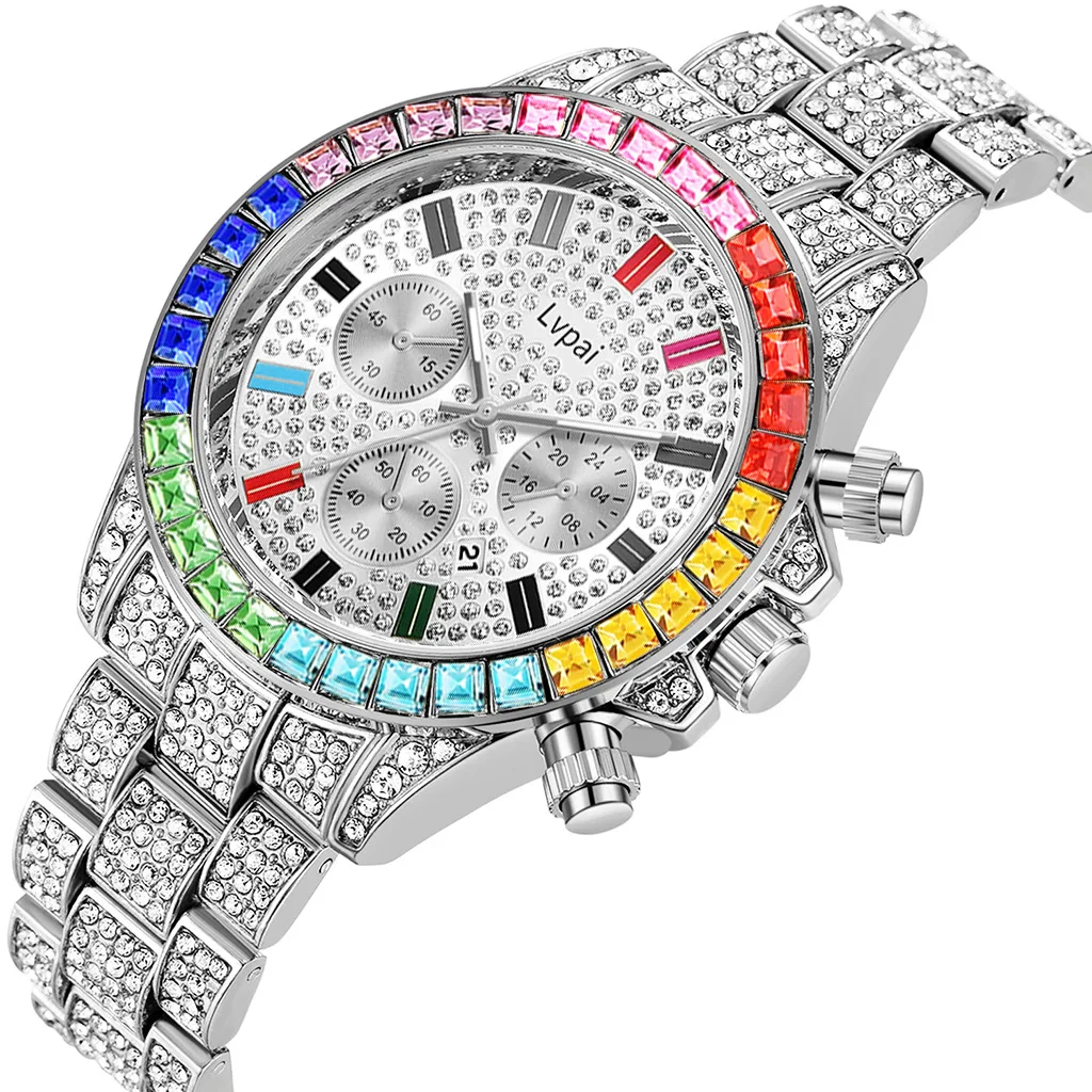 

Colorful Rhinestone Men Watches Top Brand Luxury Full Diamond Iced Out Quartz Wristwatch For Men Calendar Clock Watch (KWT2242), As the picture