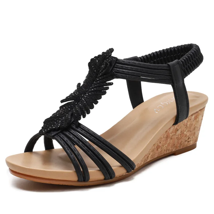 

Factory Outlet Ladies Roman Sandals Solid Color Open Toe Rhinestone Hollow Ankle Strap Ladies Wedge Sandals