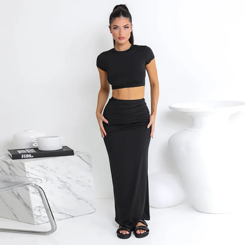 

Women Summer 2piece Set Elegant Short Sleeve Crop Tops skinny Maxi Skirts Matching Vacation Streetwear Causal Solid Outfits