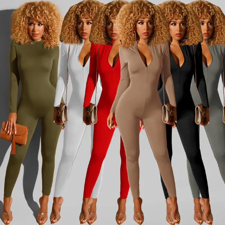 

2021 new arrivals jumpsuits women spring fashion fitness yoga wear front zipper one piece bodysuits drop shipping