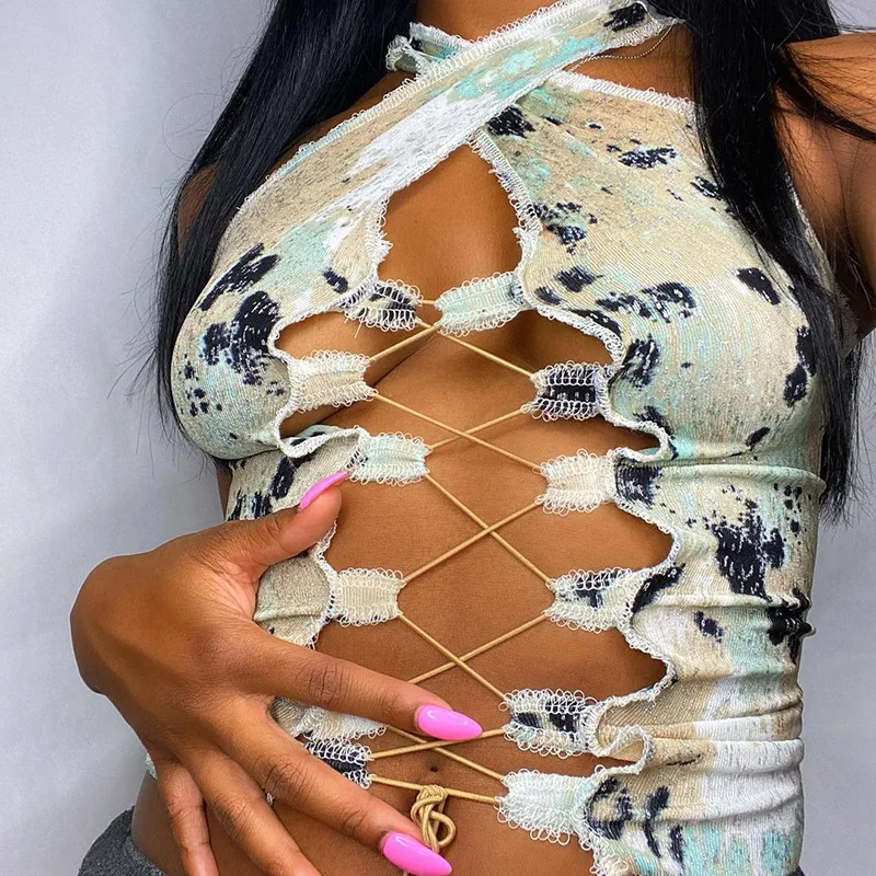 

Hollow Out Sexy Tank Top Halter Drawstring Bandage Polka Dot Print Skinny Stretchy Summer Streetwear Club Party Vest