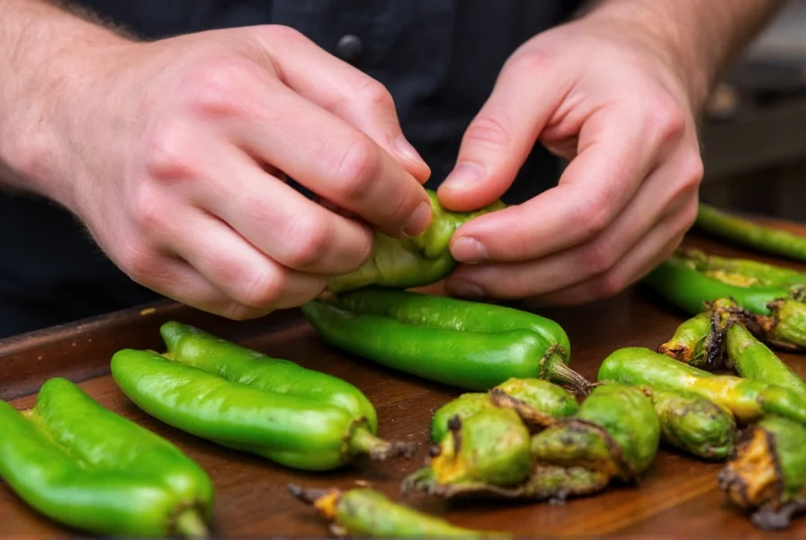 Chef's hands carefully peeling roasted poblano peppers for authentic chili rellenos preparation