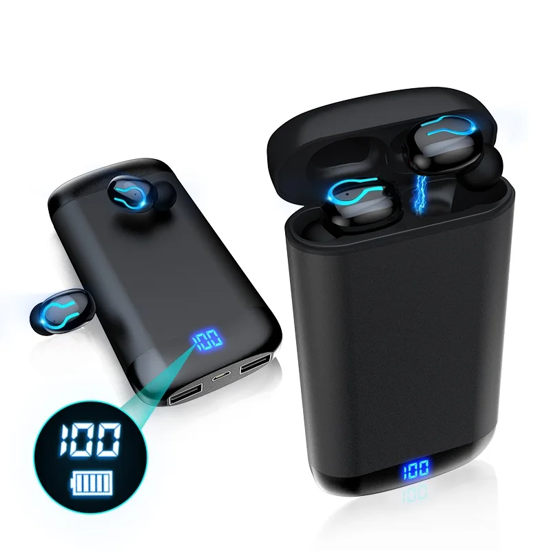 

2021 TWS 6000mAh Power Bank Led Display Wireless Audifonos Sport Waterproof Earphone BT 5.0 Q66 Earbuds, Black blue