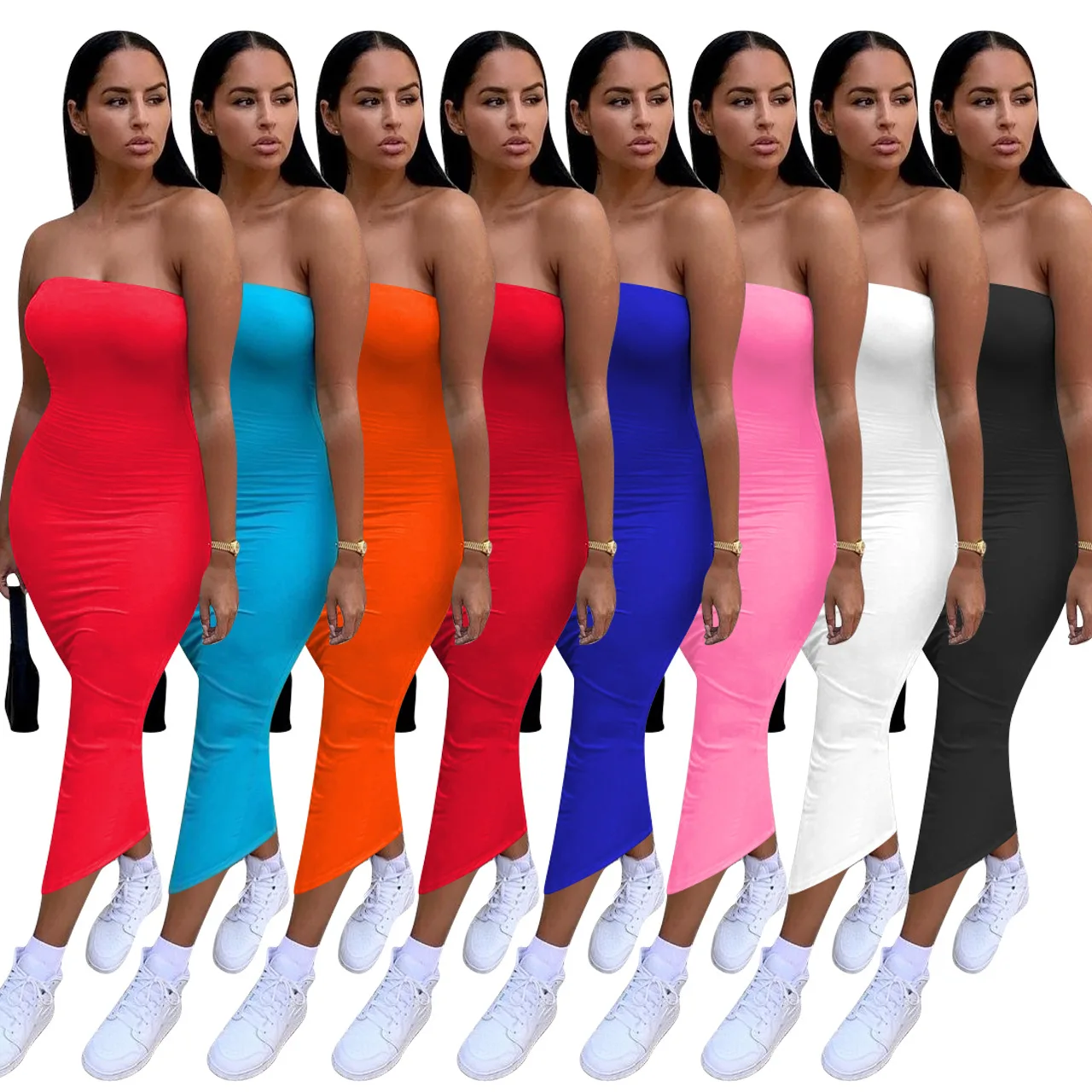 

Wholesale Custom Summer 2021 Ladies Casual Solid Color Strapless Sexy Bodycon Bandage Club Dresses, As the picture or accept color custom