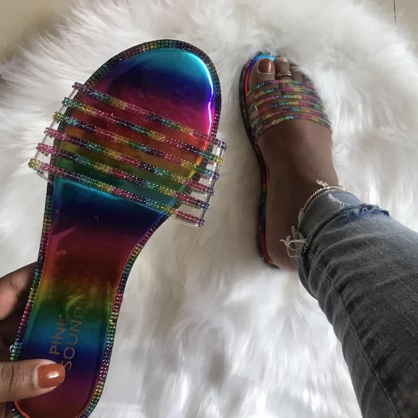 

New 2020 Summer Casual Crystal Shoes Women Slippers Flat Jelly Sandals Women's Sandals, White/black