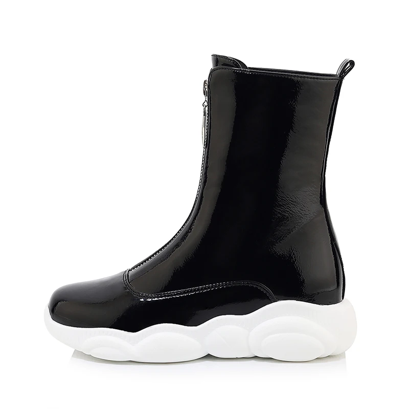 

Casual round head Patent Leather Solid color Front Zipper women's booties