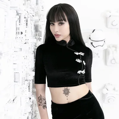 

Chinese Cheongsam Style Velvet T-shirts Women's Girls Harajuku Punk Crop T Shirts Short Sleeve Black Gothic Cropped Tees Top