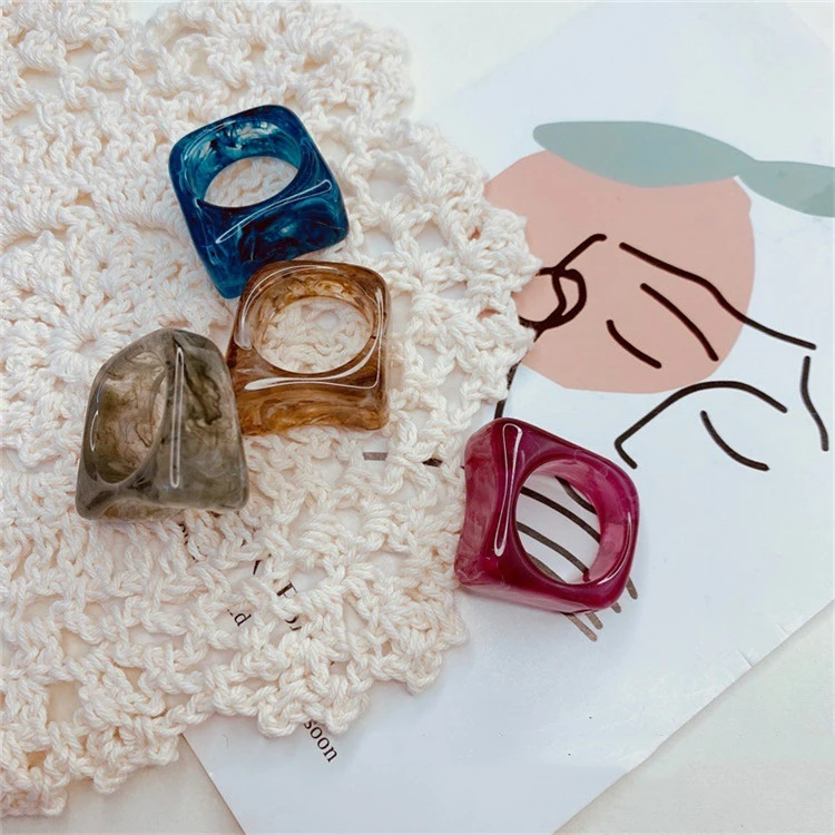 

Transparent Acrylic Irregular Marble Pattern Ring Colorful Chunky Resin Plastic Ring