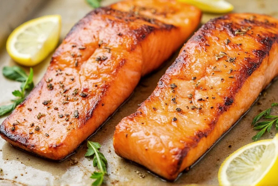 Perfectly cooked lemon pepper salmon fillets with crispy skin on baking sheet with lemon slices and fresh herbs