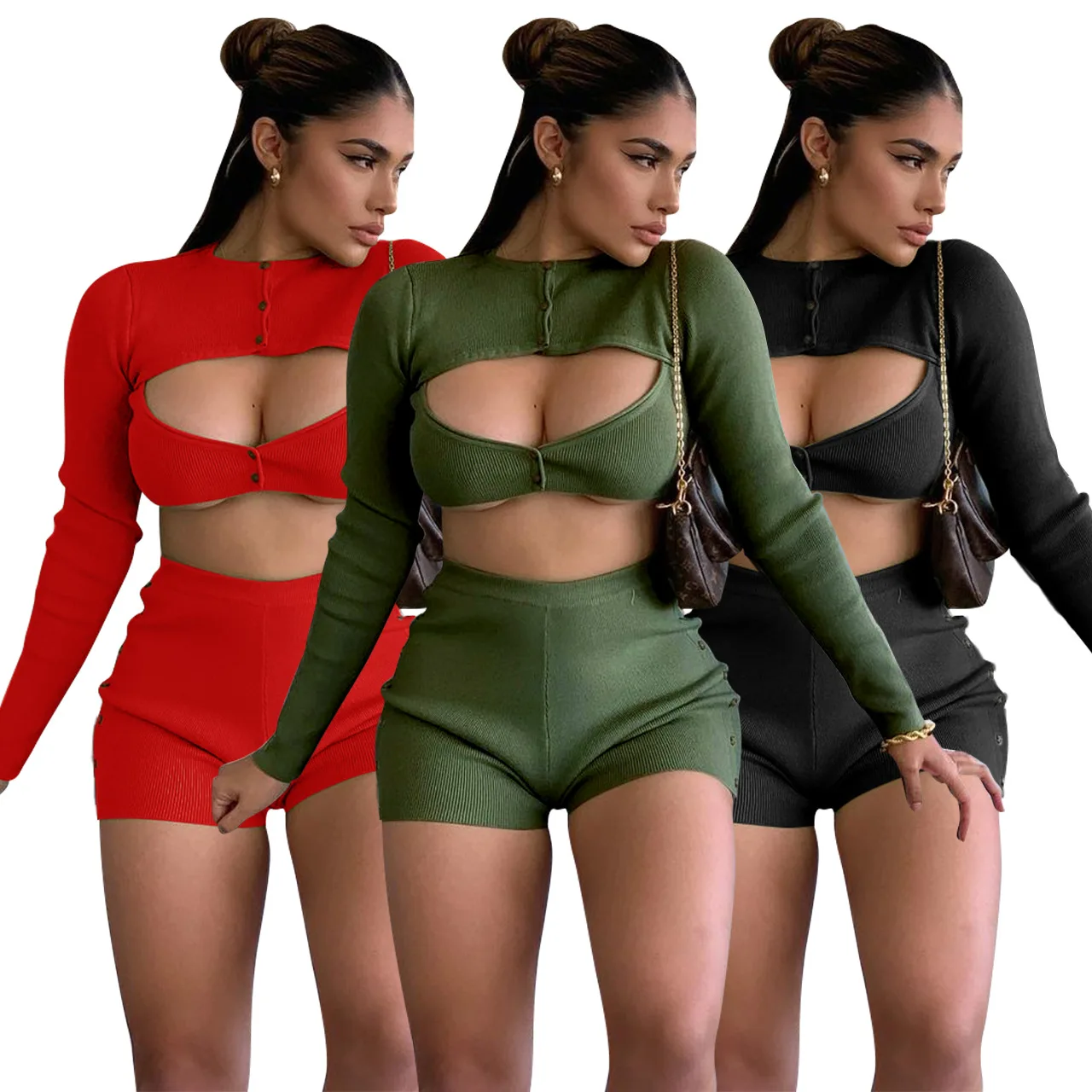 

New Arrival Knit Thread Long Sleeve Hollow out Crop Tops And Sexy Slim Shorts Women Ribbed 2 Piece Sets
