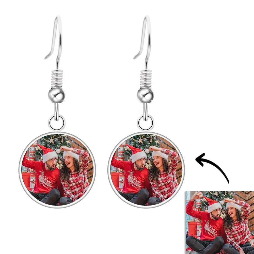 

Custom Logo Earrings Vintage Round Earring Designs Metal Sublimation Photo Drop Earrings