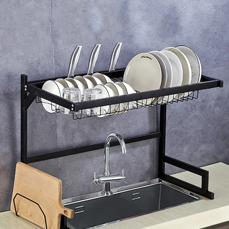 

Stainless Steel Kitchen 2 Tier Sink Dish Rack Black Bowl Storage Shelving Over the Sink