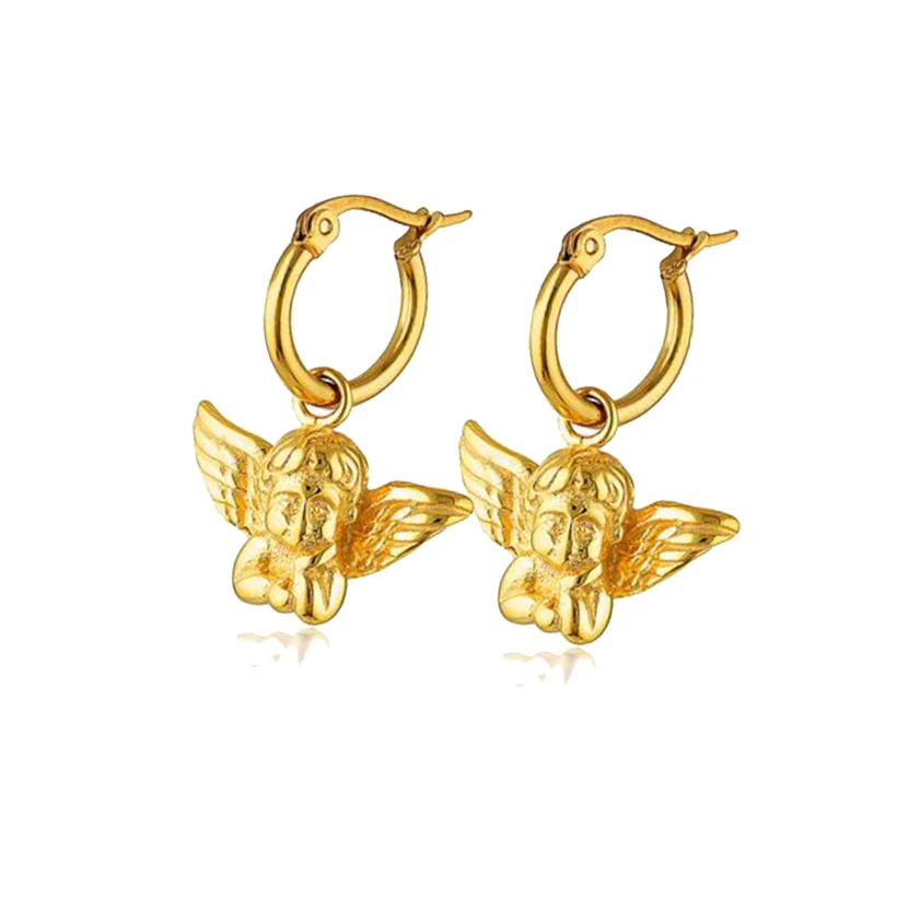 

Olivia 18k Gold Jewelry Stainless Steel Cupid Hoop Dangling Earring New Design Guardian Angel Dangle Earrings For Gifts