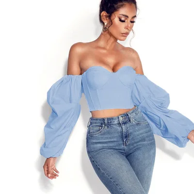 

LD027 trendy plus size beautiful girl sexy off-shoulder crop top women clothing female puff sleeve strapless top, White,blue