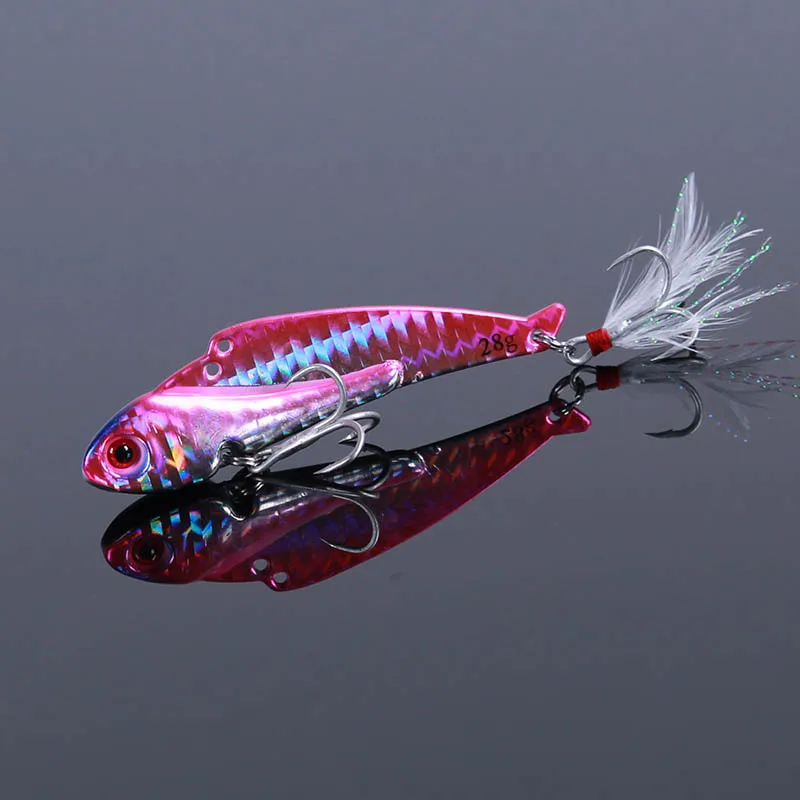 

75mm 28g VIB new 3D eyes long shot sharpened triple hook seabass with feather minow hard Fishing Lure, As picture