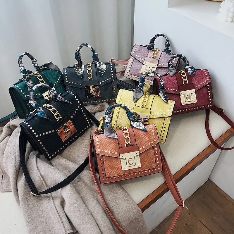 

Korean new style rivet silk scarf portable small square bag women shoulder messenger bag Pu casual handbag ladies crossbody bag