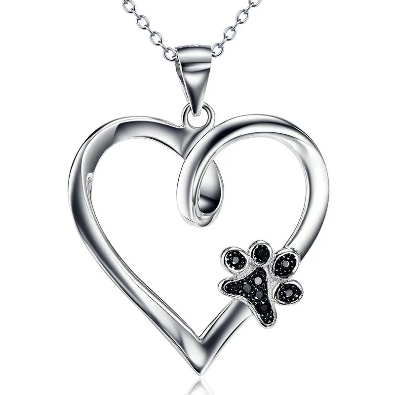 

925 Sterling Silver Paw of Dogs Heart Pendant Necklace Fahion Jewelry