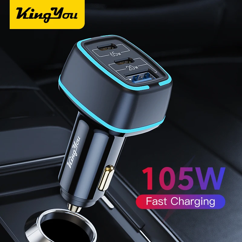 

Kingyou 105W Car Charger Quick Charging PPS PD3.0 Fast Charging USB Type C Car Phone Charge For iPhone 13 12 Pro Laptops Tablets, Black/white