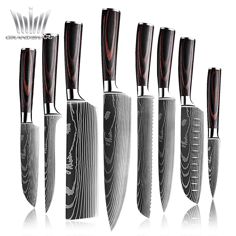 

Grandsharp Japanese Kitchen Knives Set Multifunctional Cooking Knife Laser Damascus Pattern Knife Cooking Tools Pakkawood Handle