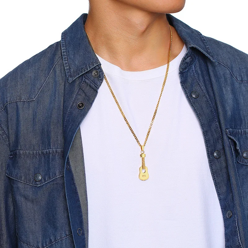 

Punk Hip Hops Gold Plated Stainless Steel Geometric Pendant Necklace Exquisite Guitar Pendant Necklace For Rap Girls Boys, Picture color