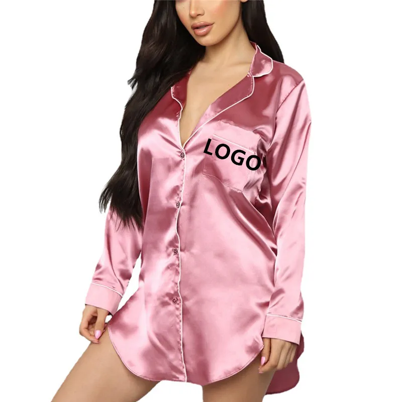 

Custom Logo Lady Nightgown Sexy Satin Robes Long Sleeve Shirt Dress Button Silk Night Dress Sleep Wear Lounge Wear Women, As shows plus size customs logo robes