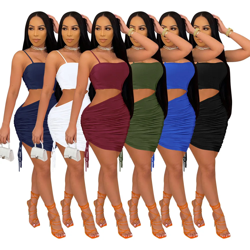 

2021 New Summer Women Hollow Sling Dress Sexy Drawstring Hip Dress
