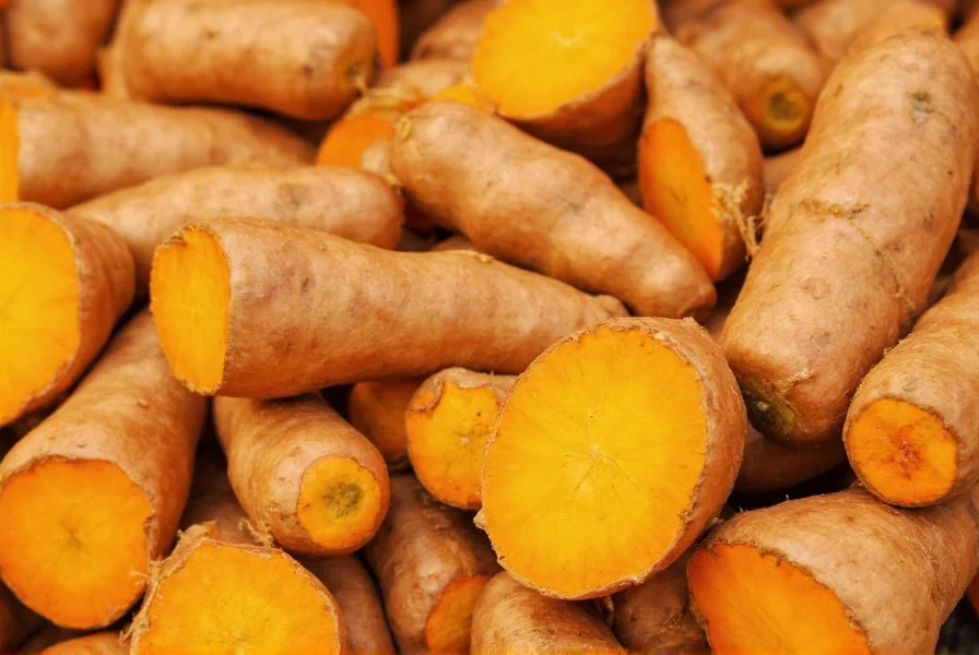 Close-up of fresh turmeric rhizomes showing vibrant orange interior and brown exterior