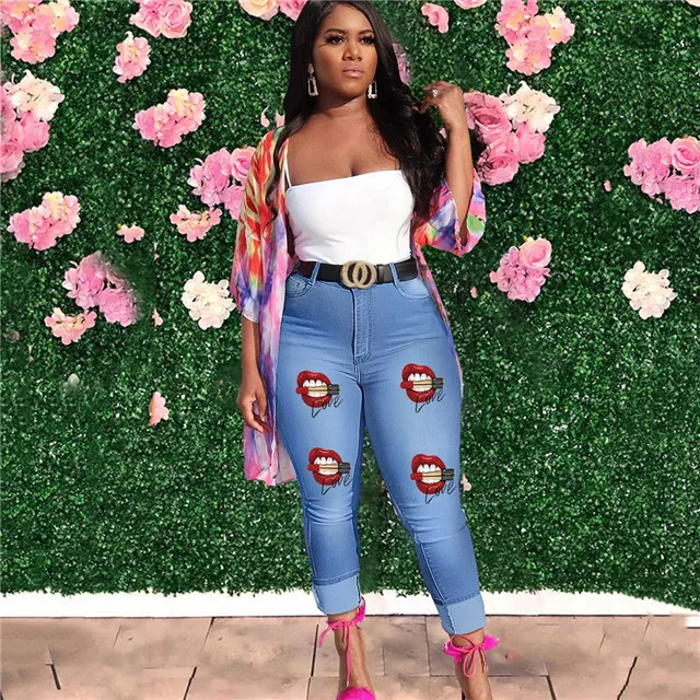 

Summer Women's New Style Big Red Lips High Waist Stretch Denim Pants, Picture color