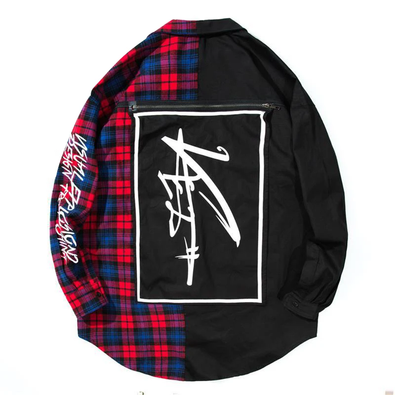 OHMYJUST New Men Custom Streetwear High quality new patch design style Plaid shirt flannel mens shirt