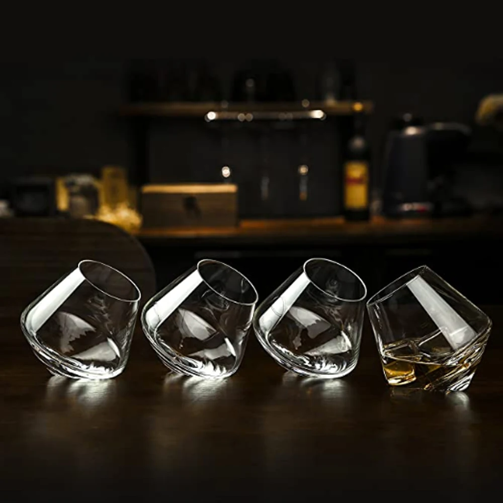 

Tilted Crystal Whiskey Tumblers Old Fashioned Bourbon Glasses Round Spin Glass Wine Cup, Transparent color