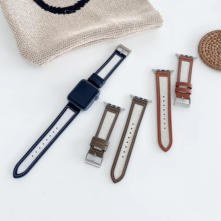 

Drop Shipping Wholesale Fashion Wristband Strap Genuine Leather Canvas Watch Band For Apple Watch SE/6/5/4/3 38mm 42mm, 5 colors