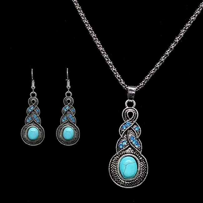 

Bohemian Vintage Jewelry Set Ethnic Style Antique Silver Rhinestone Turquoise Pendant Necklace And Earrings Set For Women, Green