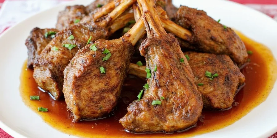 Glass of red wine next to a plate of lamb chops