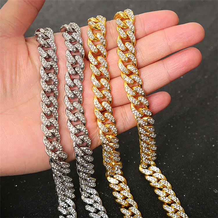 

2020 Bling Rhinestone Golden Finish Miami Cuban Link Chain Necklace Men's Hip hop Necklace Jewelry, Gold and silver