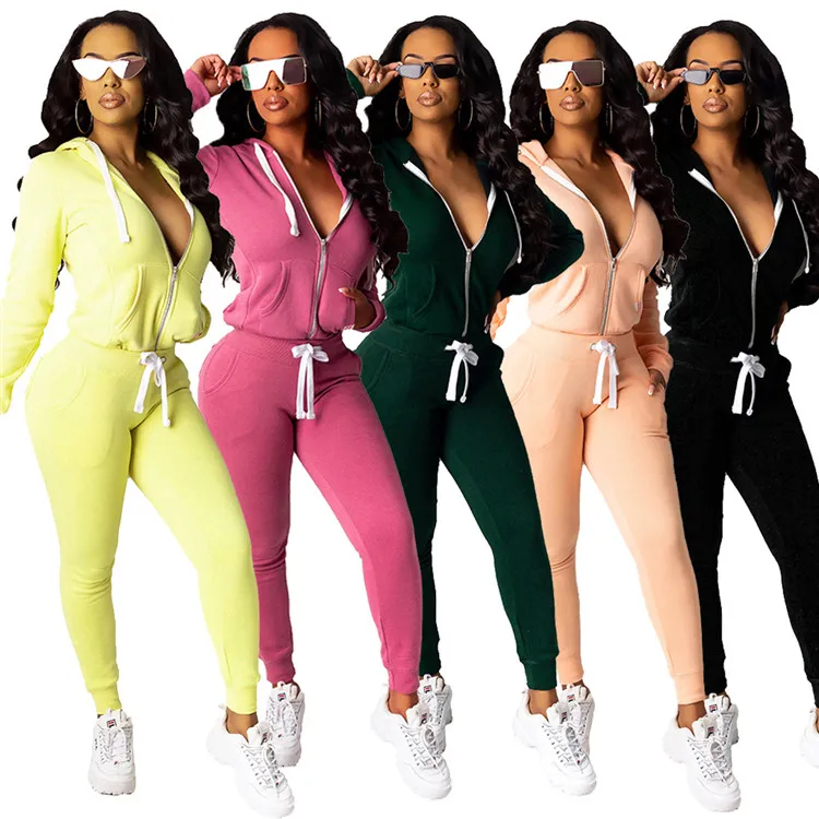 C91764 two piece set women casual zipper 2 piece pant set with pocket trendy solid color hoodies tracksuit 2020