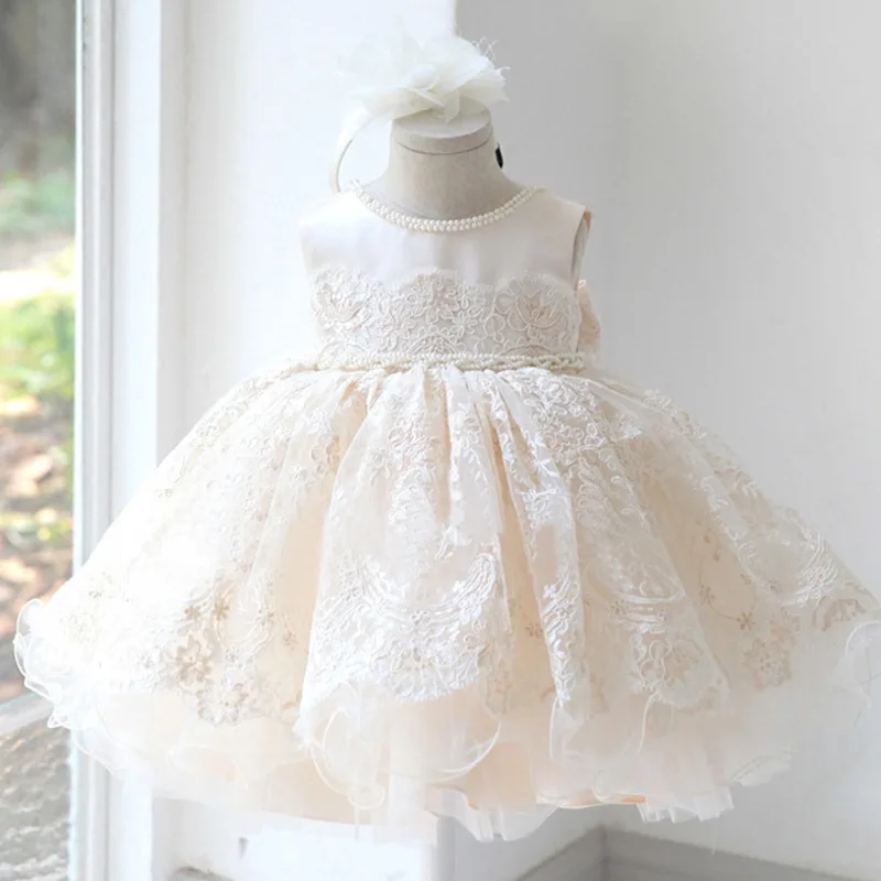 

Flower Girl Dress Kids Party Gown Baby Tutu Princess Dress With Bead Knee Length Birthday Clothing, Pink,white