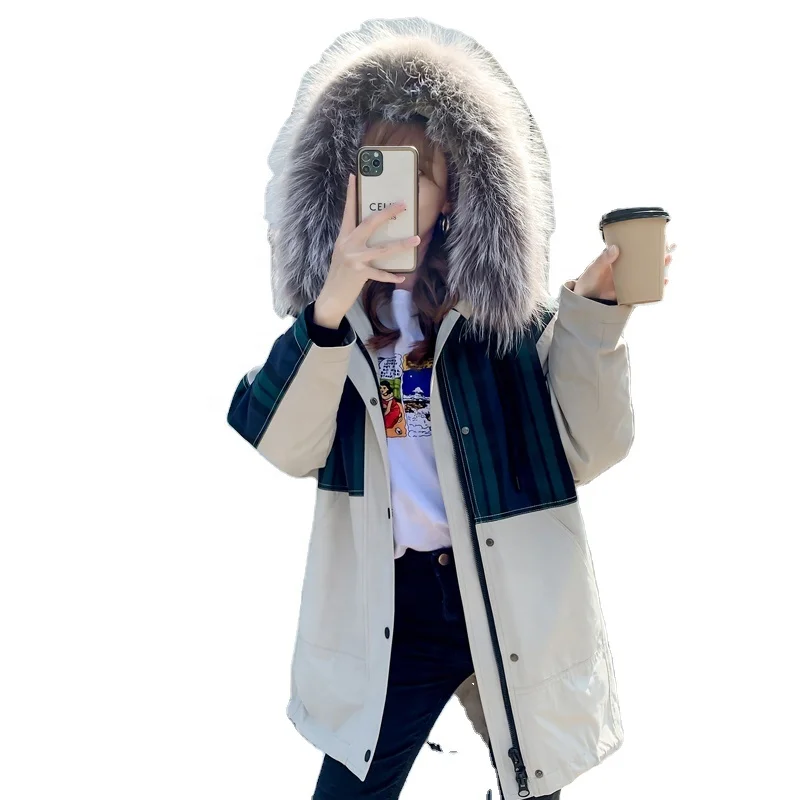 
Genuine leather Ladies Coats Warm Outwear Parka Women Winter Army Jacket Fur Collar Fleece Clothing Casual Quantity Cotton Hood 