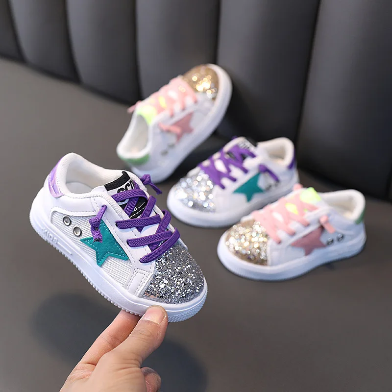 

2022 Fashion Sneakers Spring Breathable Kids Girl Sequins Stars Toddler Baby Casual Shoes, Picture