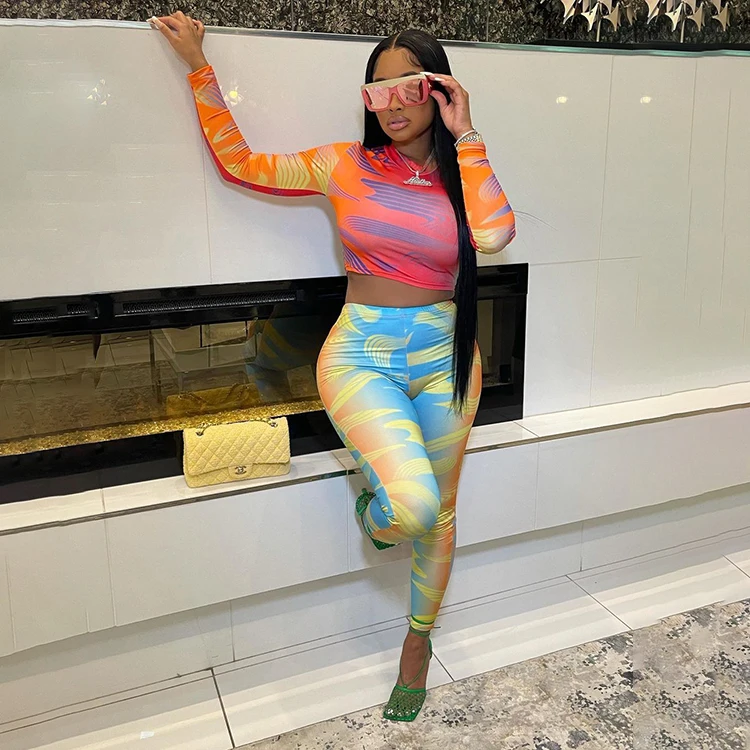 

Sporty Female Two Piece Outfits Contrast Color Printed Long Sleeve Crop Tops Pants Set High Quality Leggings Activewear Women, Multicolor
