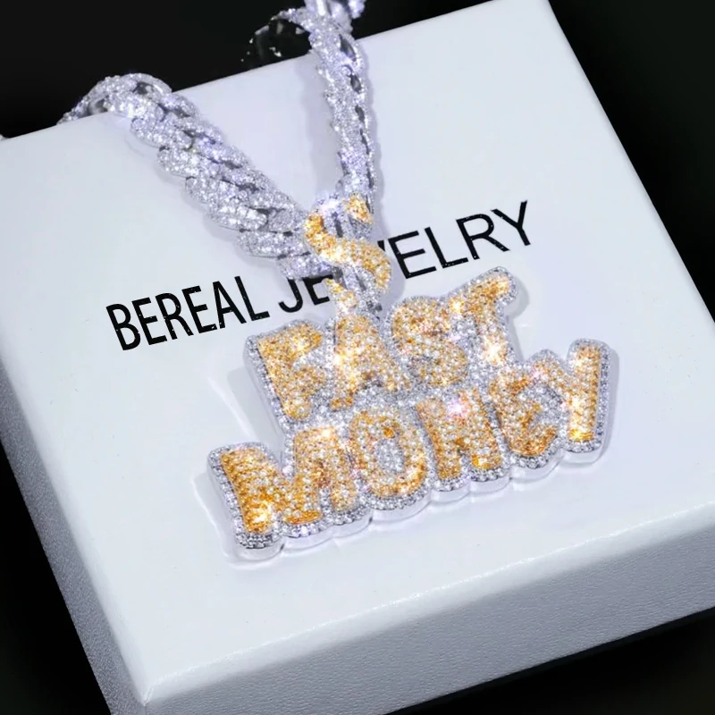 

Hip Hop Chains and Pendants Jewelry Custom 925 Sterling Silver Gold Plated VVS Moissanite Diamond Dollar Letter Pendant Kolye, White/yellow
