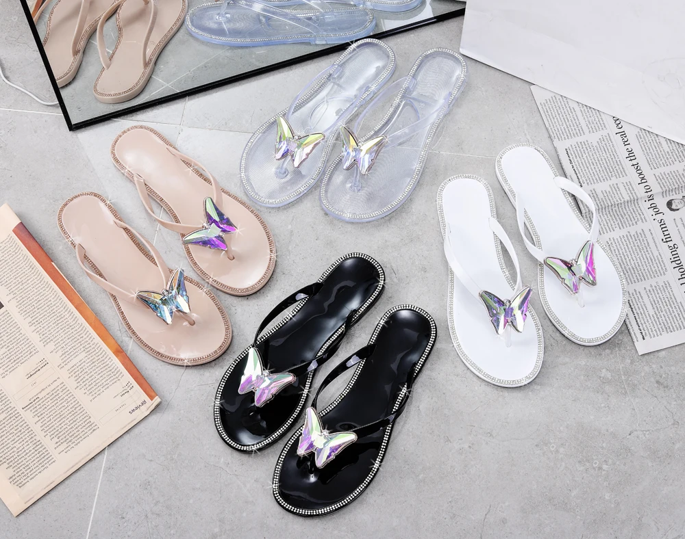 

New arrival woman beach fashion flip flops ladies Jelly outdoor sandals shining diamond butterfly home ladies slippers, Black,white,beige,clear,