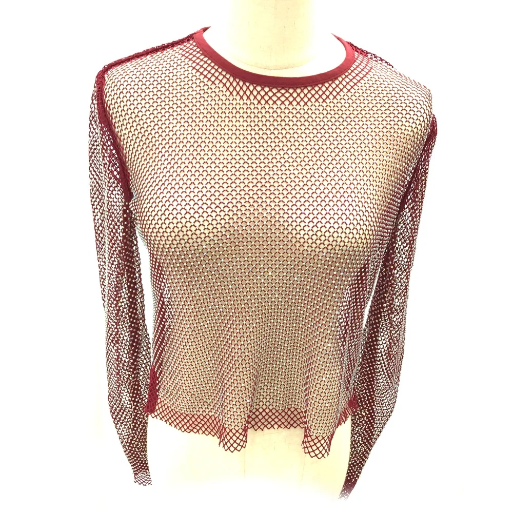 

S384 Women Sexy See Through rhinestone iron on transfer mesh top crystal mesh clubwear rhinestone fishnet cover up top, Black ,nude color,dark red with crystal ab