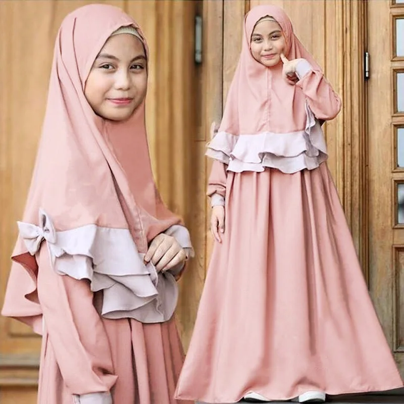 

Wholesale toddler 2020 solid muslim girl abaya hijabs and Dress prayer clothing Islam abaya, Picture shows