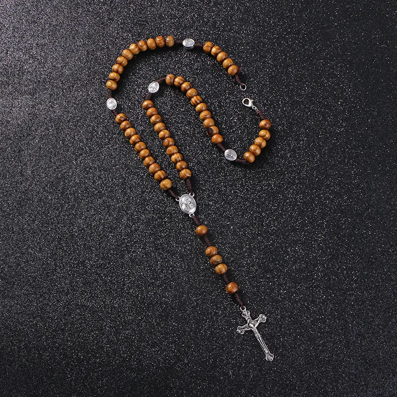 

KOMi Catholic Brown Wooden Rosary Beads Orthodox Cross Woven Rope Necklace Of Religious Jewelry Men Women R-157